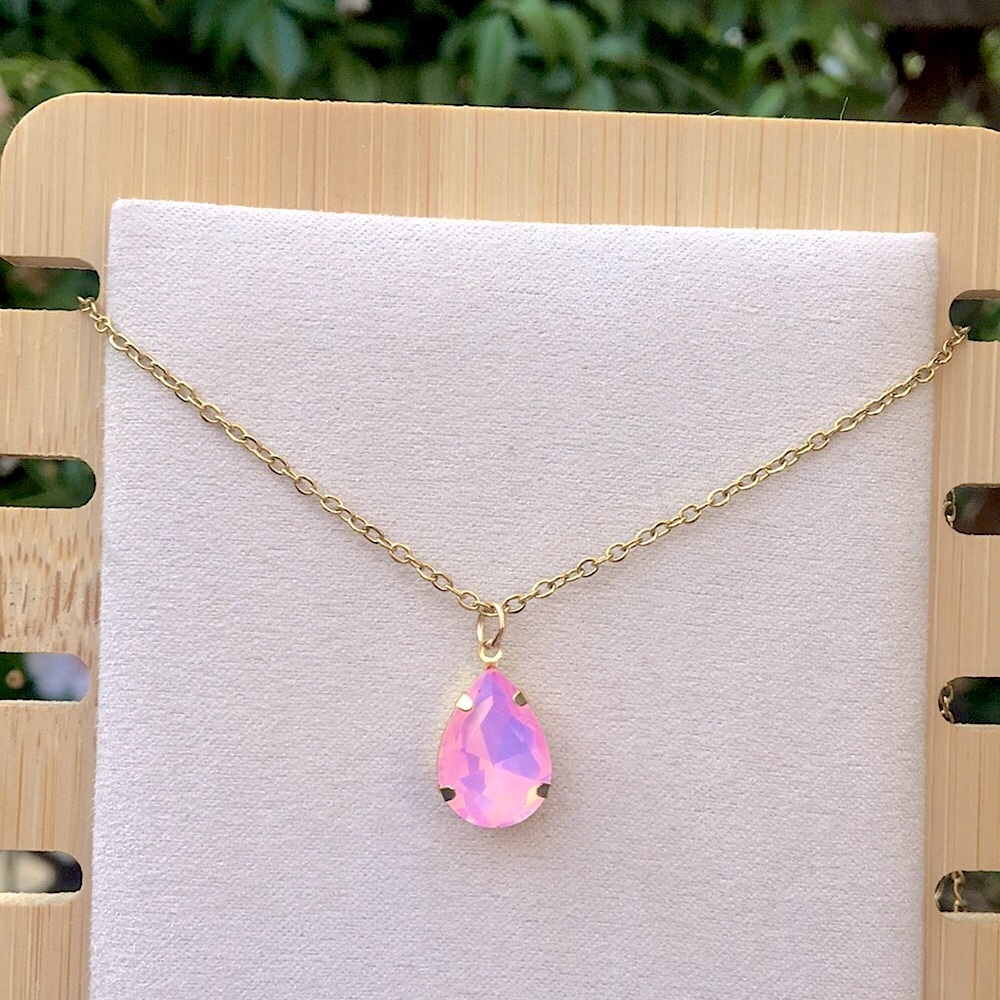 Pink Opal Aurora Borealis Pear Teardrop Crystal Pendant Necklace - Picture 5 of 14